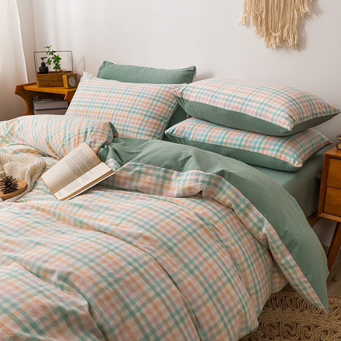 91家纺网 家纺一手货源 找家纺 ab家纺 2022新款全棉水洗棉四件套 冰淇凌绿