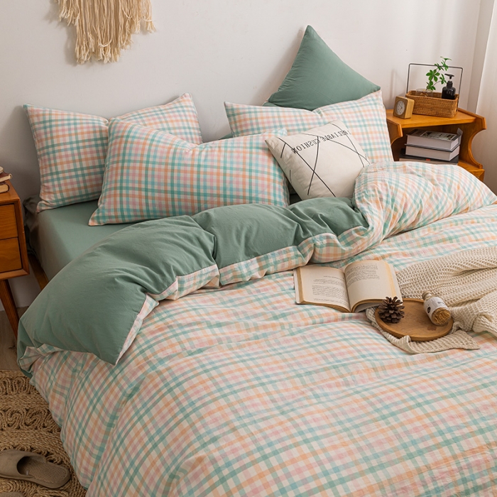 91家纺网 家纺一手货源 找家纺 ab家纺 2022新款全棉水洗棉四件套 冰淇凌绿