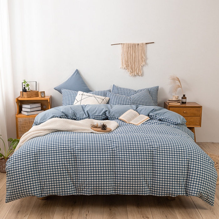 91家纺网 家纺一手货源 找家纺 ab家纺 2022新款全棉水洗棉四件套 蓝小格