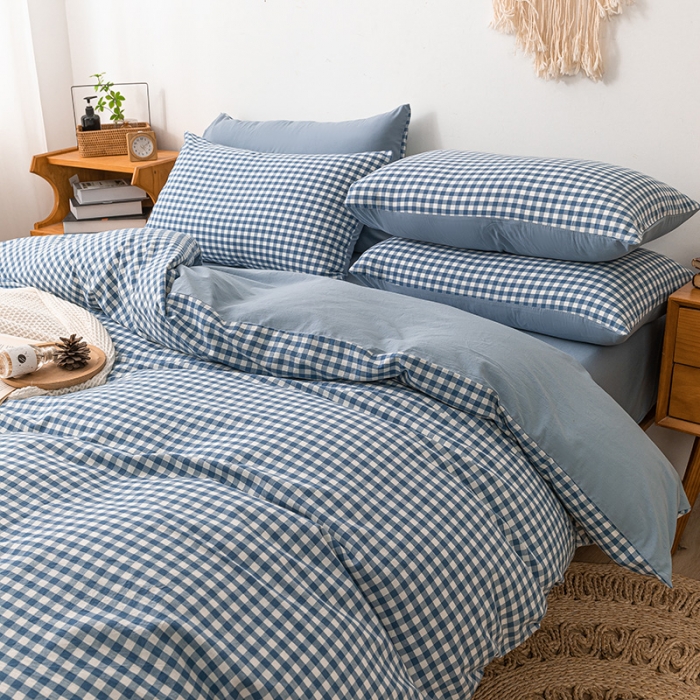 91家纺网 家纺一手货源 找家纺 ab家纺 2022新款全棉水洗棉四件套 蓝小格