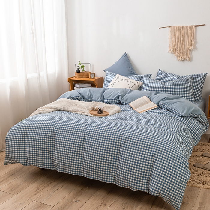 91家纺网 家纺一手货源 找家纺 ab家纺 2022新款全棉水洗棉四件套 蓝小格