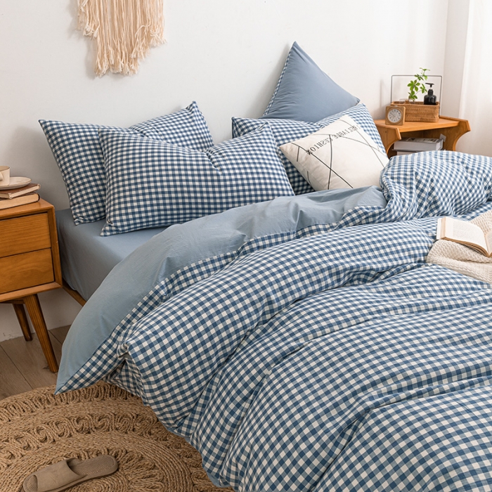 91家纺网 家纺一手货源 找家纺 ab家纺 2022新款全棉水洗棉四件套 蓝小格