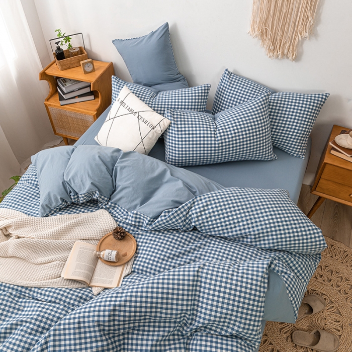 91家纺网 家纺一手货源 找家纺 ab家纺 2022新款全棉水洗棉四件套 蓝小格