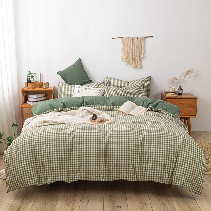 91家纺网 家纺一手货源 找家纺 ab家纺 2022新款全棉水洗棉四件套 小格  绿