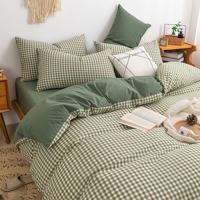 91家纺网 家纺一手货源 找家纺 ab家纺 2022新款全棉水洗棉四件套 小格  绿