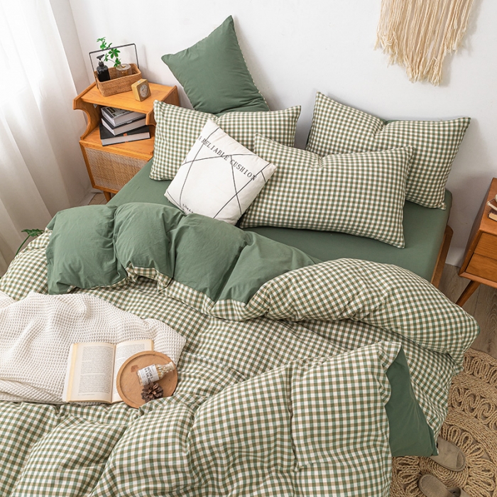 91家纺网 家纺一手货源 找家纺 ab家纺 2022新款全棉水洗棉四件套 小格  绿