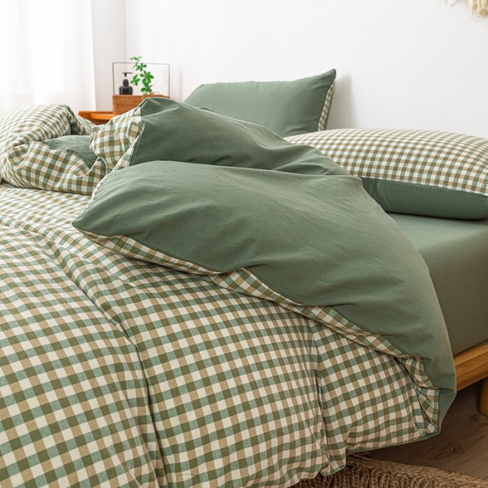 91家纺网 家纺一手货源 找家纺 ab家纺 2022新款全棉水洗棉四件套 小格  绿