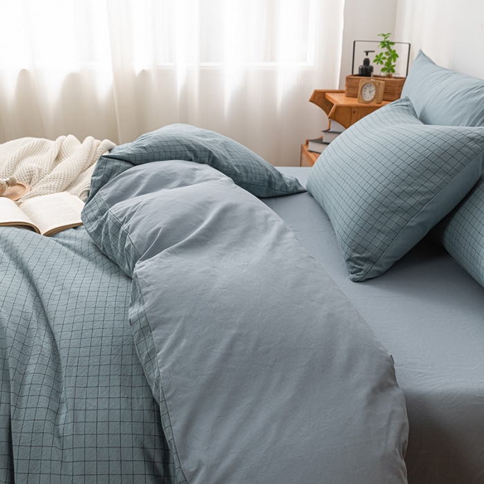 91家纺网 家纺一手货源 找家纺 ab家纺 2022新款全棉水洗棉四件套 小资生活  蓝灰