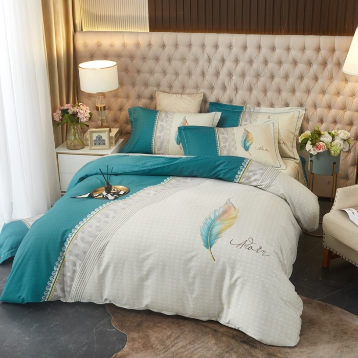 91家纺网 家纺一手货源 找家纺 金纱玉纺 2022新款全棉大版印花13372四件套 浮羽