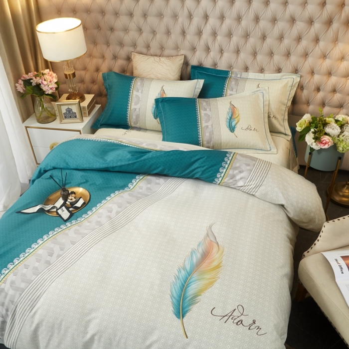 91家纺网 家纺一手货源 找家纺 金纱玉纺 2022新款全棉大版印花13372四件套 浮羽