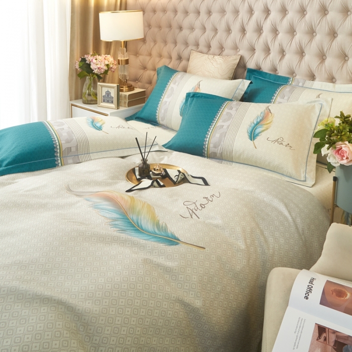 91家纺网 家纺一手货源 找家纺 金纱玉纺 2022新款全棉大版印花13372四件套 浮羽