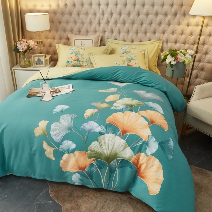 91家纺网 家纺一手货源 找家纺 金纱玉纺 2022新款全棉大版印花13372四件套 慕璃-绿