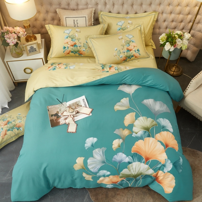 91家纺网 家纺一手货源 找家纺 金纱玉纺 2022新款全棉大版印花13372四件套 慕璃-绿