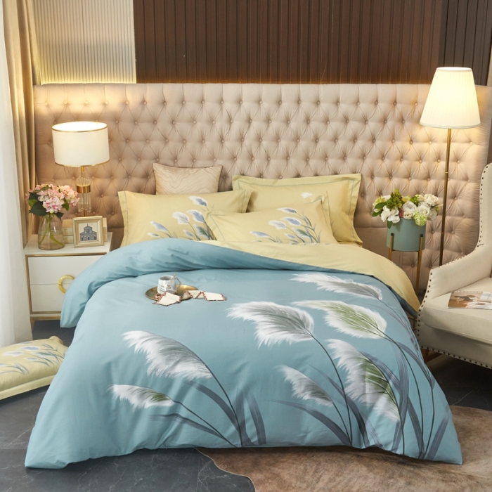 91家纺网 家纺一手货源 找家纺 金纱玉纺2022新款全棉大版印花13372四件套清风薇漾-兰