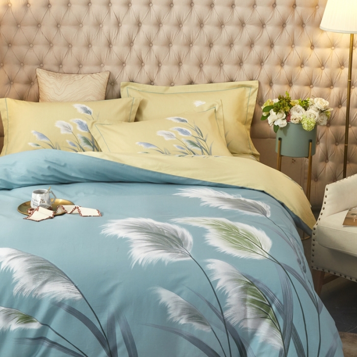 91家纺网 家纺一手货源 找家纺 金纱玉纺2022新款全棉大版印花13372四件套清风薇漾-兰