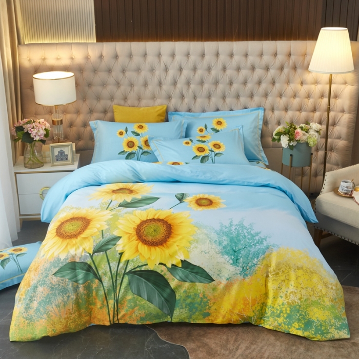 91家纺网 家纺一手货源 找家纺 金纱玉纺 2022全棉大版印花13372四件套 晴空万里-兰