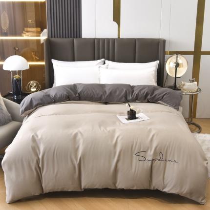 91家纺网 家纺一手货源 找家纺 七仙女家纺 2025新款亲肤磨毛绣花款单被套直播供货 奶茶+浅灰