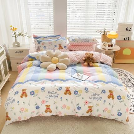 91家纺网 家纺一手货源 找家纺 芯贝儿 2022春夏新款13372全m小清新四件套长绒m四件套被套 花布熊