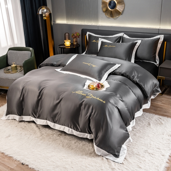 91家纺网 家纺一手货源 找家纺 绒世界 2022新款高端水洗真丝四件套典雅系列 典雅-绅士灰