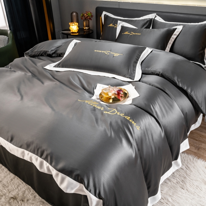 91家纺网 家纺一手货源 找家纺 绒世界 2022新款高端水洗真丝四件套典雅系列 典雅-绅士灰