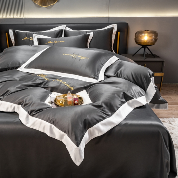 91家纺网 家纺一手货源 找家纺 绒世界 2022新款高端水洗真丝四件套典雅系列 典雅-绅士灰