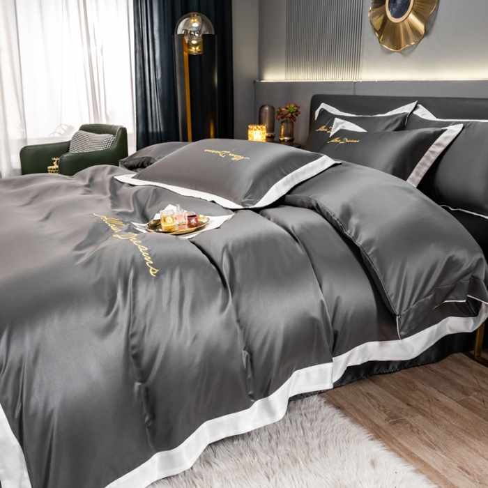 91家纺网 家纺一手货源 找家纺 绒世界 2022新款高端水洗真丝四件套典雅系列 典雅-绅士灰