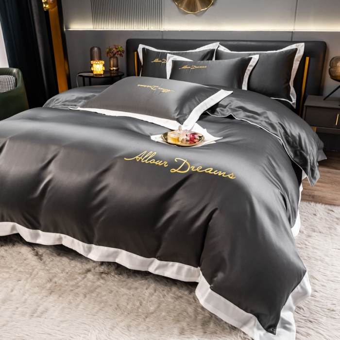 91家纺网 家纺一手货源 找家纺 绒世界 2022新款高端水洗真丝四件套典雅系列 典雅-绅士灰