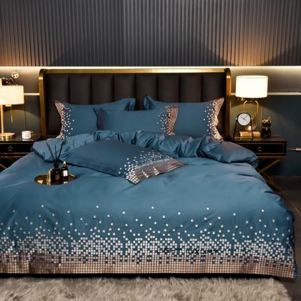 91家纺网 家纺一手货源 找家纺 米奈 2024新款A类100S长绒棉刺绣四件套有质检报告-戴纳轻奢蓝