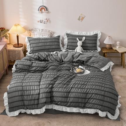 91家纺网 家纺一手货源 找家纺 慕澄 2022新款公主风泡泡纱花边四件套 极致灰