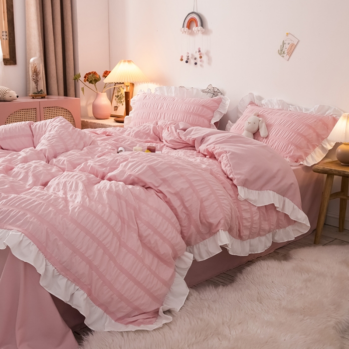 91家纺网 家纺一手货源 找家纺 慕澄 2022新款公主风泡泡纱花边四件套 公主粉