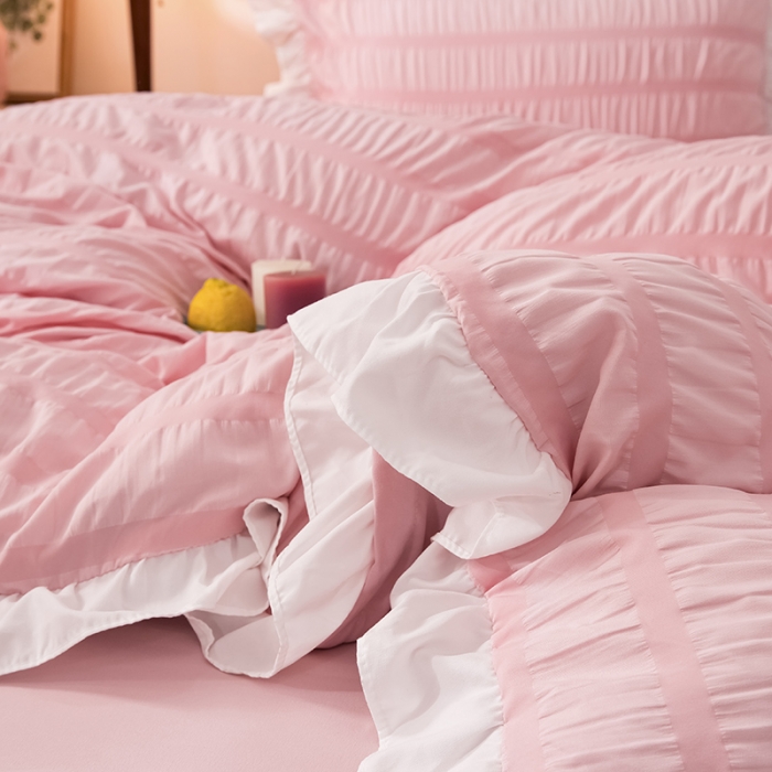 91家纺网 家纺一手货源 找家纺 慕澄 2022新款公主风泡泡纱花边四件套 公主粉