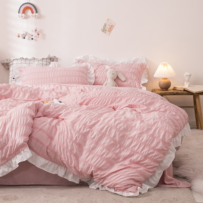 91家纺网 家纺一手货源 找家纺 慕澄 2022新款公主风泡泡纱花边四件套 公主粉