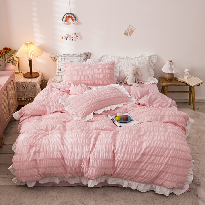 91家纺网 家纺一手货源 找家纺 慕澄 2022新款公主风泡泡纱花边四件套 公主粉