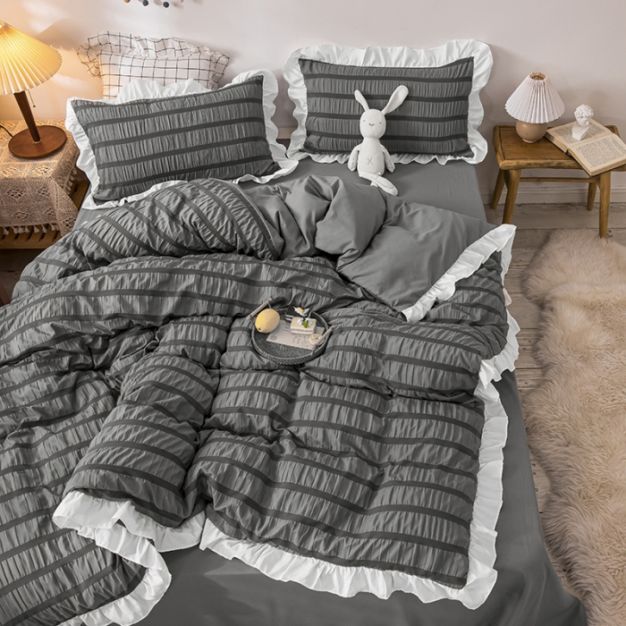 91家纺网 家纺一手货源 找家纺 慕澄 2022新款公主风泡泡纱花边四件套 极致灰