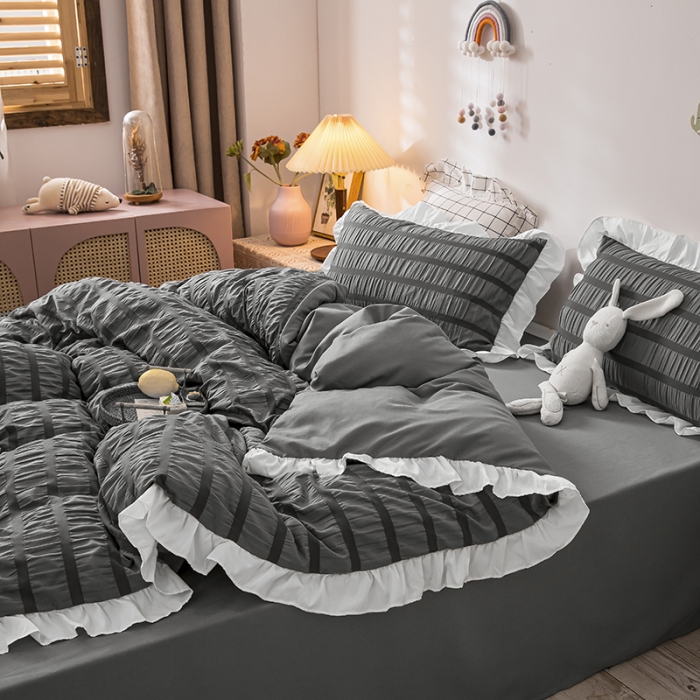 91家纺网 家纺一手货源 找家纺 慕澄 2022新款公主风泡泡纱花边四件套 极致灰