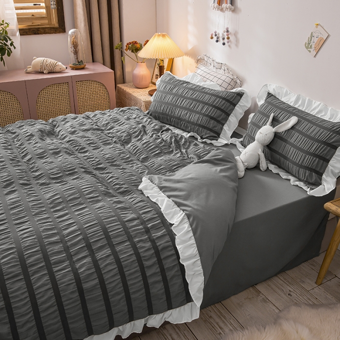 91家纺网 家纺一手货源 找家纺 慕澄 2022新款公主风泡泡纱花边四件套 极致灰