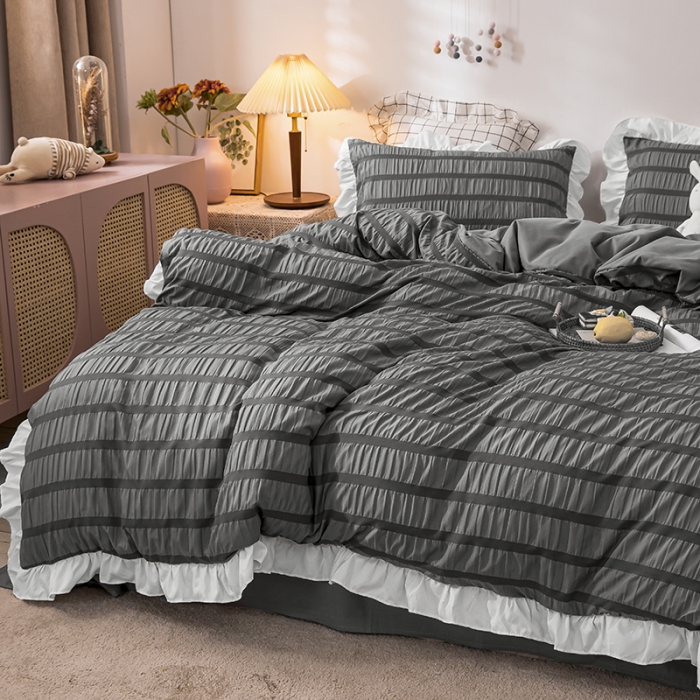 91家纺网 家纺一手货源 找家纺 慕澄 2022新款公主风泡泡纱花边四件套 极致灰