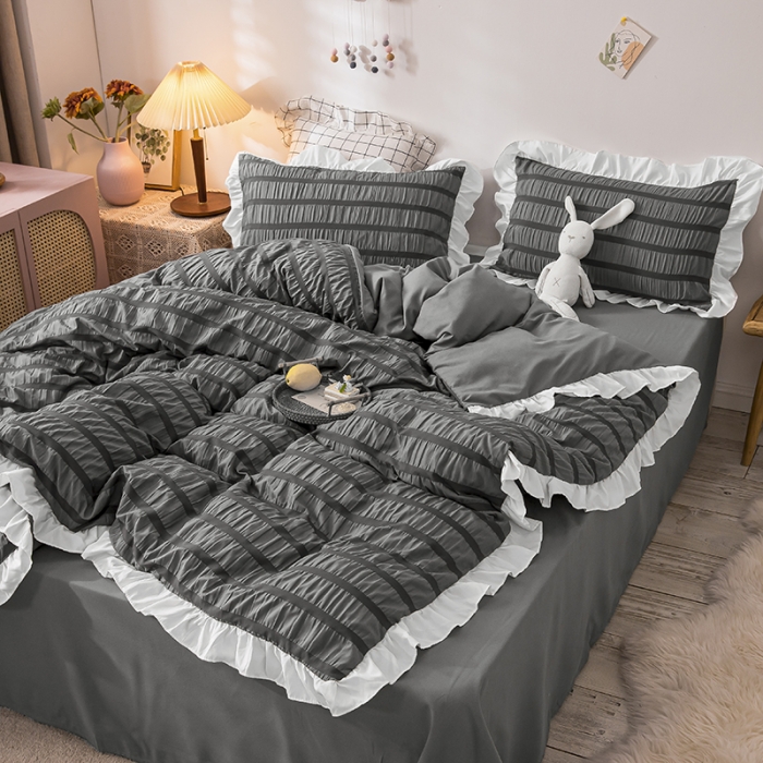 91家纺网 家纺一手货源 找家纺 慕澄 2022新款公主风泡泡纱花边四件套 极致灰