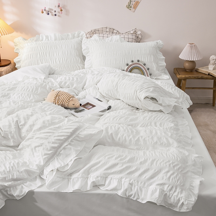 91家纺网 家纺一手货源 找家纺 慕澄 2022新款公主风泡泡纱花边四件套 梨花白