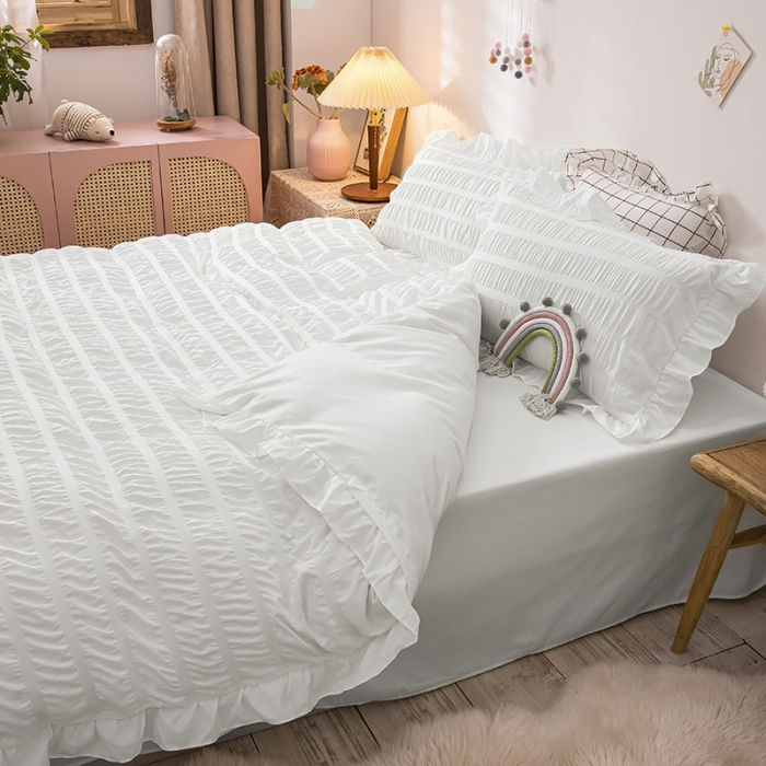 91家纺网 家纺一手货源 找家纺 慕澄 2022新款公主风泡泡纱花边四件套 梨花白