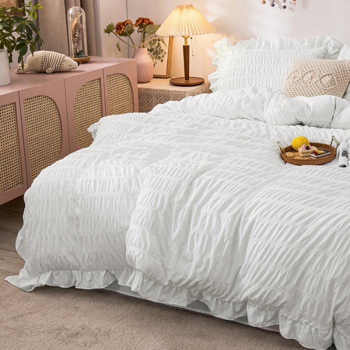 91家纺网 家纺一手货源 找家纺 慕澄 2022新款公主风泡泡纱花边四件套 梨花白