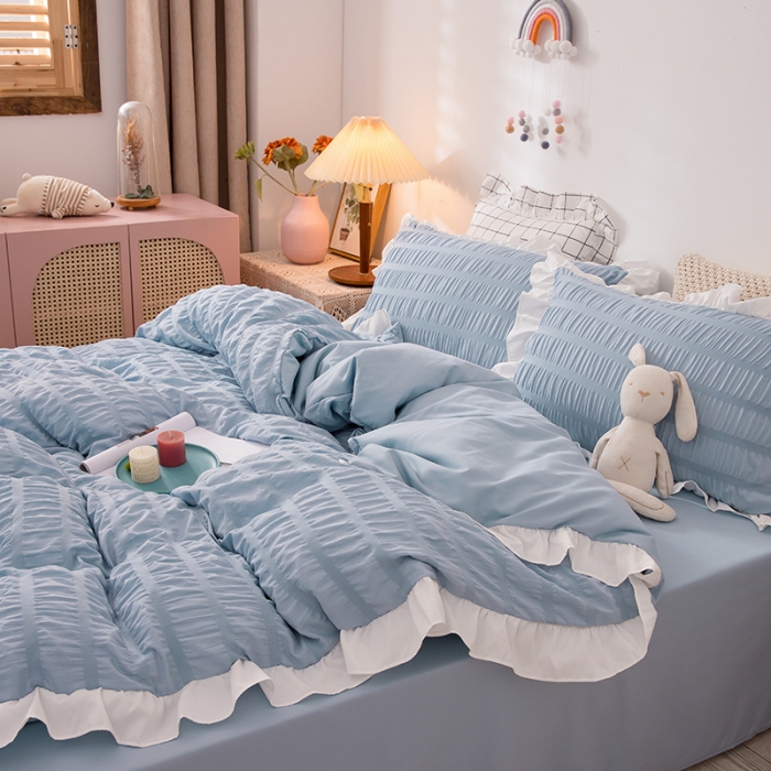 91家纺网 家纺一手货源 找家纺 慕澄 2022新款公主风泡泡纱花边四件套 宁静蓝