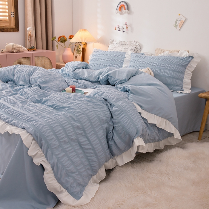 91家纺网 家纺一手货源 找家纺 慕澄 2022新款公主风泡泡纱花边四件套 宁静蓝