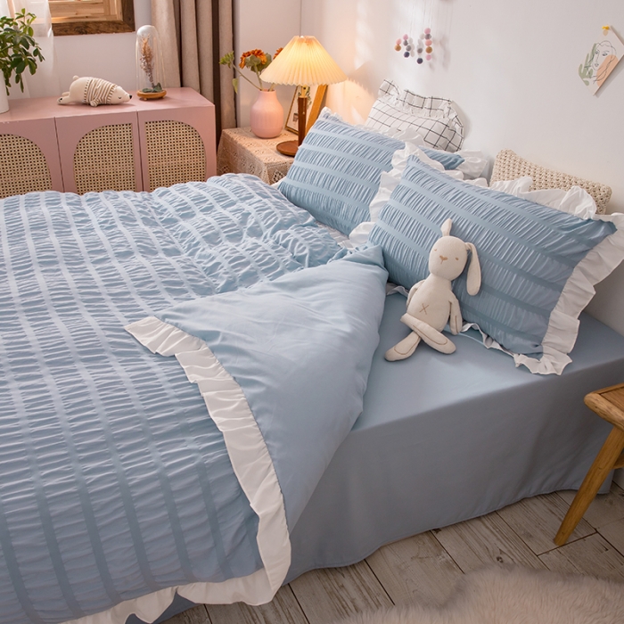 91家纺网 家纺一手货源 找家纺 慕澄 2022新款公主风泡泡纱花边四件套 宁静蓝