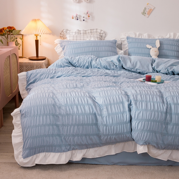 91家纺网 家纺一手货源 找家纺 慕澄 2022新款公主风泡泡纱花边四件套 宁静蓝