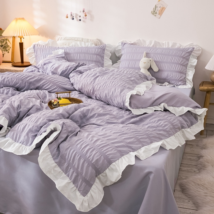 91家纺网 家纺一手货源 找家纺 慕澄 2022新款公主风泡泡纱花边四件套 优雅紫