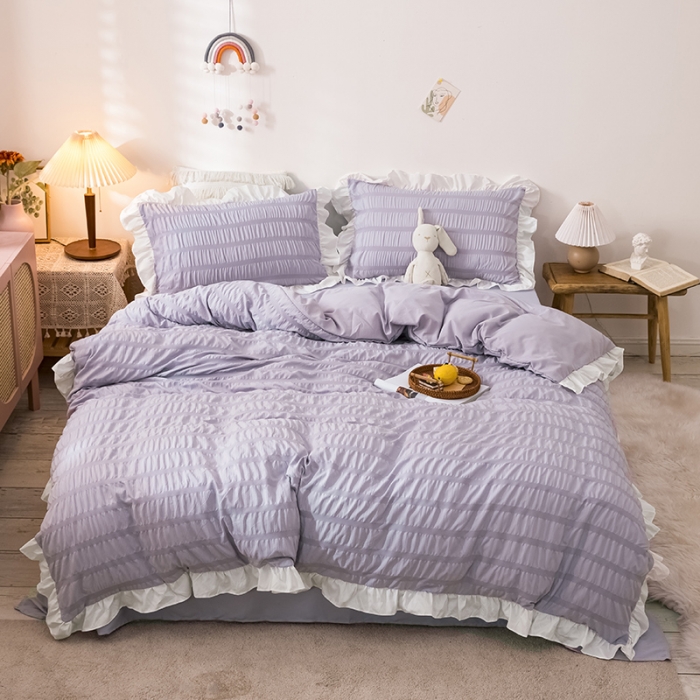 91家纺网 家纺一手货源 找家纺 慕澄 2022新款公主风泡泡纱花边四件套 优雅紫