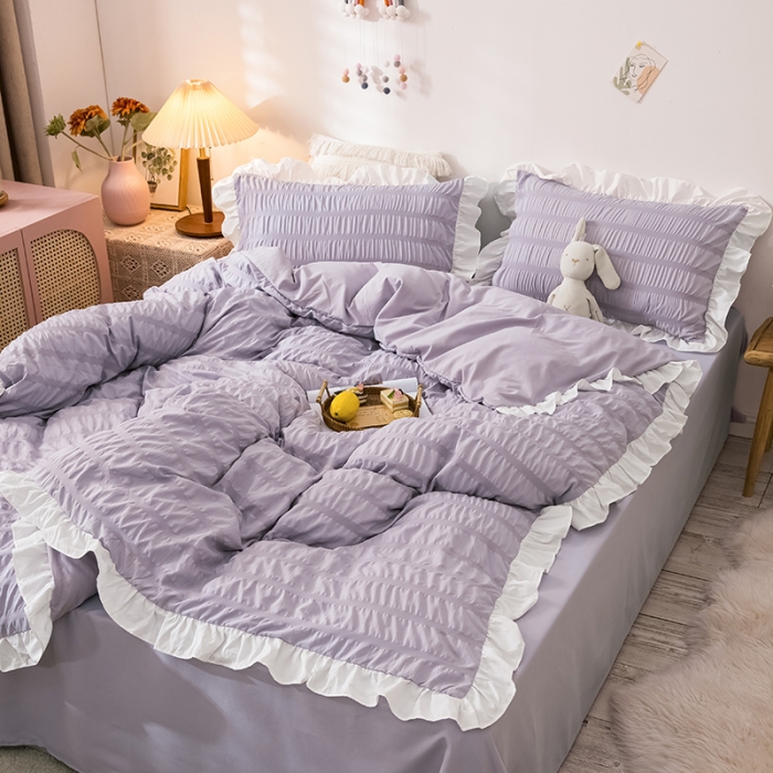 91家纺网 家纺一手货源 找家纺 慕澄 2022新款公主风泡泡纱花边四件套 优雅紫