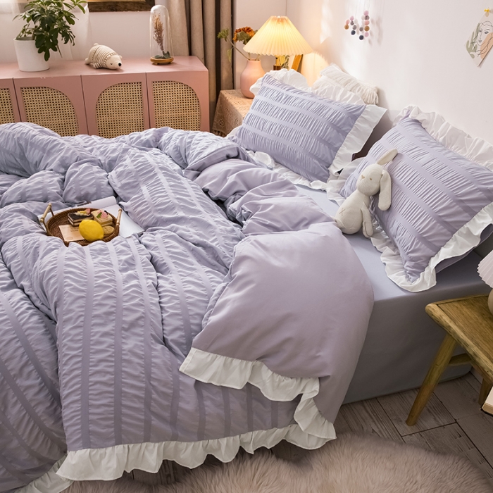 91家纺网 家纺一手货源 找家纺 慕澄 2022新款公主风泡泡纱花边四件套 优雅紫