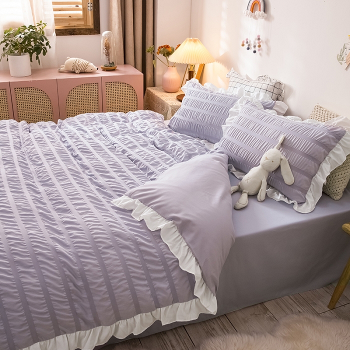 91家纺网 家纺一手货源 找家纺 慕澄 2022新款公主风泡泡纱花边四件套 优雅紫